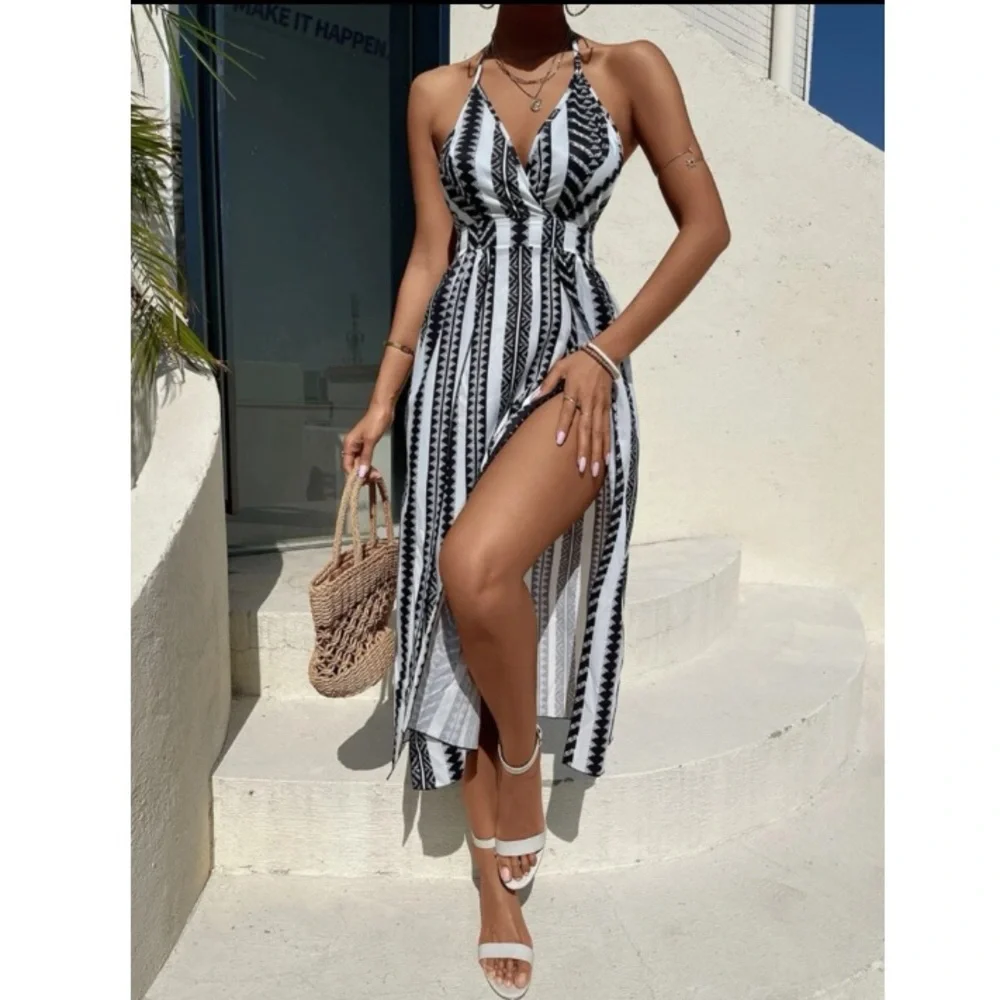 Boho black white geo print t stripes halter dress